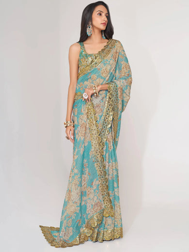 Endearing Sky Blue Floral Printed Organza Carnival Wear Saree